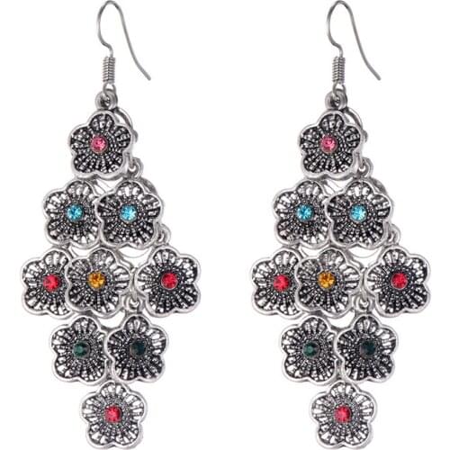 Vintage Layered Ethnic Flower Earrings For Women Statement Geometric Crystal Long Drop Dangle Earrings Bohemian Jewelry Brincos