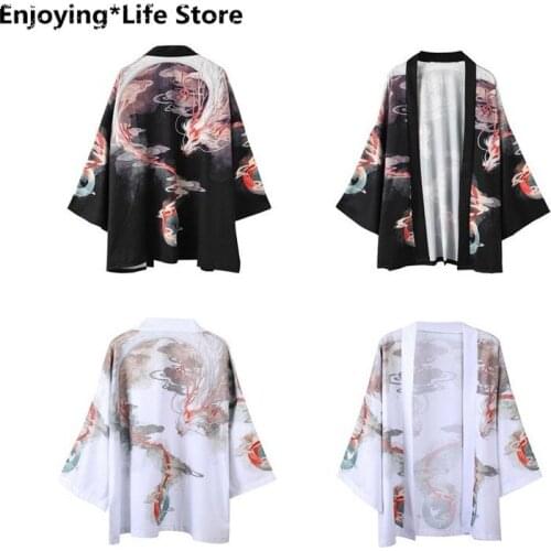 Japanese Style Ancient Oriental Ukiyo-e Dragon Pattern Robes Traditional Fashion Unisex Kimono Haori Men Women Loose Thin Coat