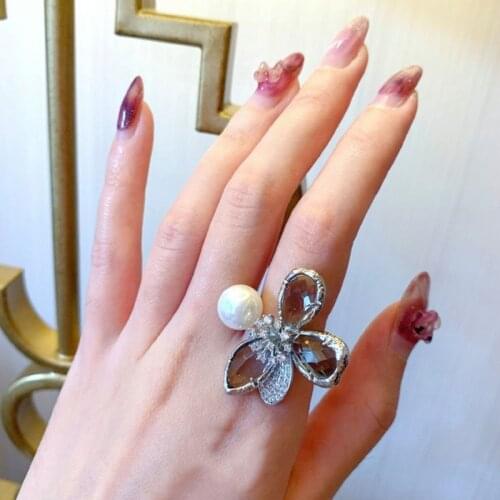 Origin Summer Shiny 3 Styles Sparkly CZ Stone Rings for Women Trendy Faux Pearl Crystal Flower Link Chain Chunky Adjusting Ring