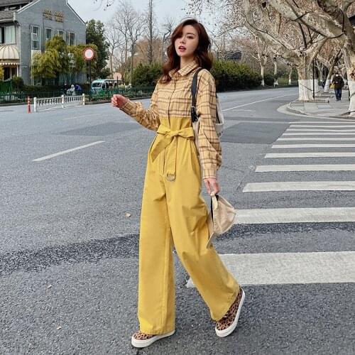 Spring Fall Women Fashion Loose Splice Plaid Yellow Jumpsuit Elegant Chic Long Sleeve Wide Leg One Piece Pants Set Overalls 0202