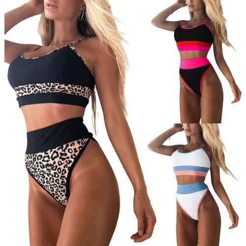 Womens High Waisted Bikini Set Sporty Two Piece Swimsuit Brazilian Bathing Suits Cheeky Striped Swimwear Leopard Swimsuit Beach