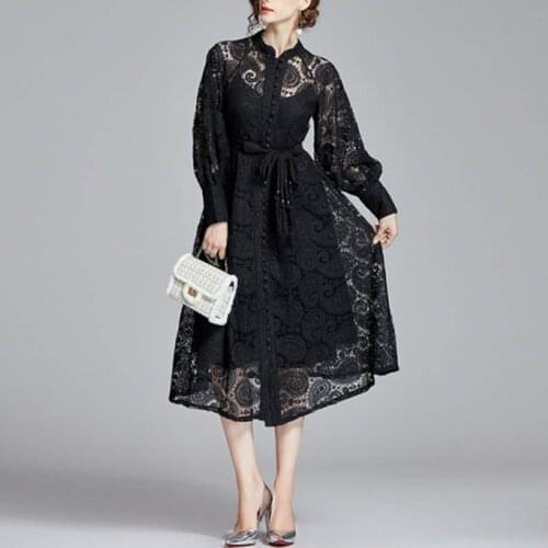 Women Dress Lantern Sleeve Sashes Hollow Out High Waist Bandage Midi Vestidos Female Elegant Casual Streetwear Party Vestido