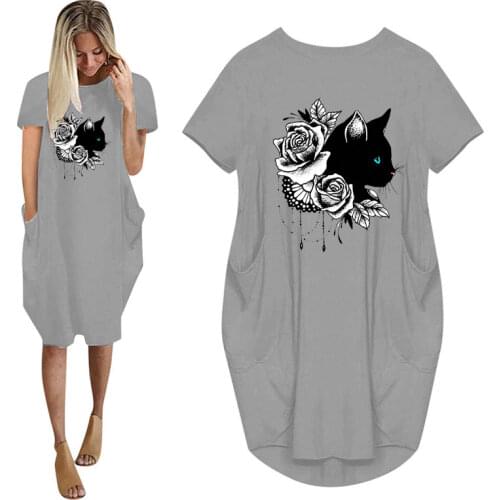 Cat Flower Pet Cute Print Women Summer Short Sleeve Loose Dress With Pocket Ladies Fashion O Neck Long Tops Female T Shirt Dress