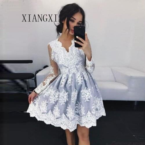 2020 Sexy A-Line See Through Long Sleeves Lace Pink Evening Dress Short with Appliques Vintage Party Dresses robe de soiree