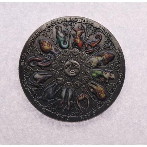 Zodiac 12 Constellations Sun and Moon Relief Painted Commemorative Coin Badge Medal Replica Collection Art Craft Gifts