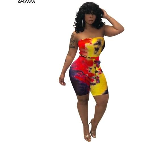 2019 women strapless tie dyed print with sashes bodycon above knee jumpsuit beach holiday playsuit sexy club romper 2color K8033