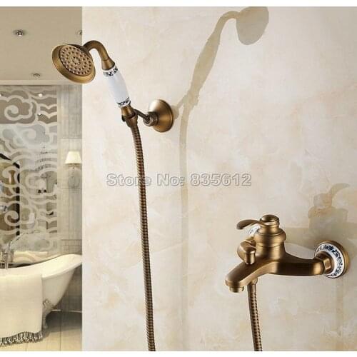 Antique Brass Wall Mounted Bathroom Single Handle Mixer tap Bath tub Faucet with Ceramic Hand held Shower Wtf304