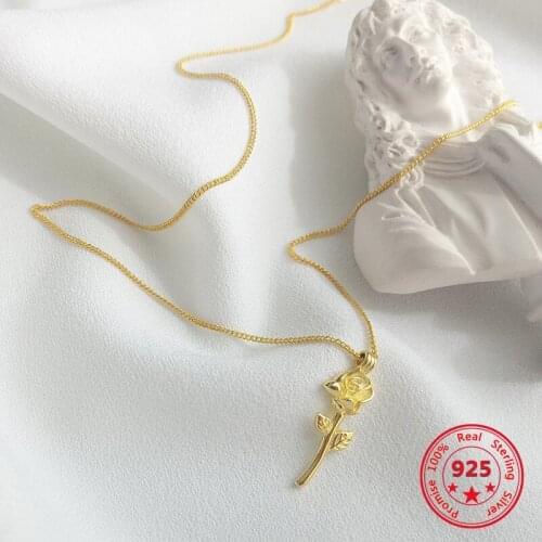 Pure 925 Silver European American New Design Creative Concise Gold Rose Flower Pendant Necklace Fine Jewelry