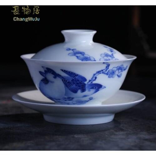 Changwuju in Jingdezhen Cups & Saucers handmade Kung-Fu tea cup ware the blue and white tea cover bowl painted by Jinhongxia