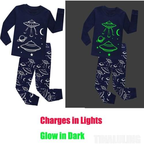 Kids UFO 100% Cotton Clothes Fashion Children Full Sleeve Glow in Dark Navy Truck Pajamas Kids Cartoon Sleepwear Kids Pijamas