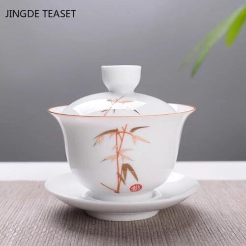 Jingdezhen ceramic Gaiwan Tea cup Handmade Small Tea tureen Chinese White porcelain Tea set Accessories Tea Ceremony Drinkware