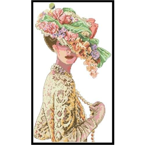 Beauty in Flower Hat Cross Stitch Kits Printed Canvas Embroidery 11CT 14CT DIY Crafts Needlework Sets Home Decorations Paintings