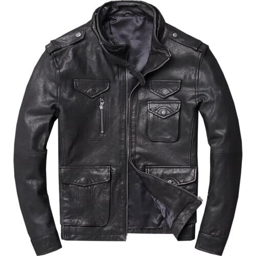 Genuine Leather Jacket Men Real Sheepskin Motorcycle Biker Leather Jacket Casual Multi Many Pockets Male Spring Autumn Outerwear