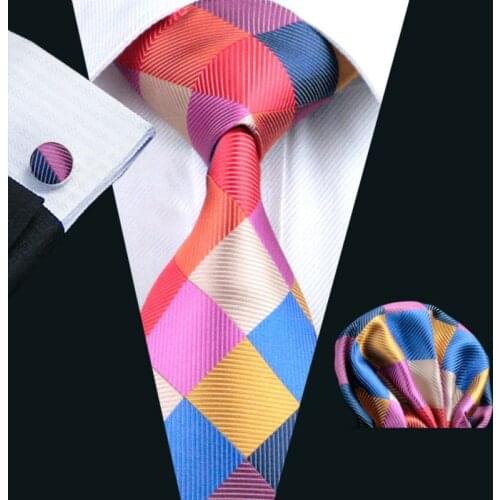 2016 Hot Wedding Tie Hanky Cufflinks Set Multi-Color Plaid Pattern Handmade Silk Ties for Mens Business Party Necktie LS-216