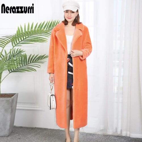 Nerazzurri 100% real wool teddy coat Long winter real fur coat women lapel Orange thick warm plus size real sheep fur jackets