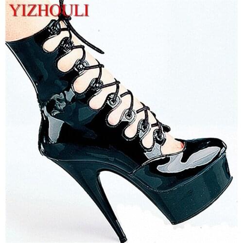 Low - tube boots, crystal shoes black star stage performance shoes, 15cm autumn/winter super high heel shoe model Dance Shoes
