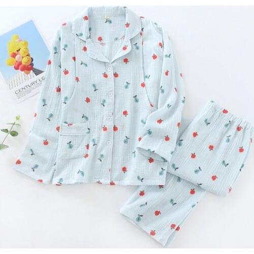 New Crepe Double-layer Cotton Gauze Pijamas Women Long-sleeved Trousers Maternity Clothes Breastfeeding Pajamas White Sleepwear