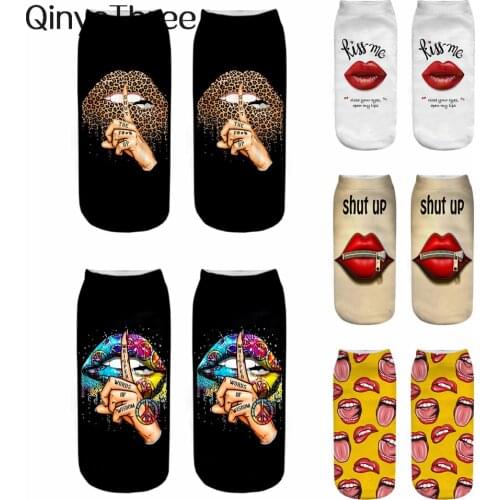 New Fashion Ostentatious Red Lips Leopard Graphic Women Base 3D Printed Tongue Kiss Letter Funny Girls Ankle Socks Dropship