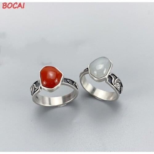 The new S925 silver inlaid Hetian Yunan red everything wishful South red lotus ring retro temperament open female ring