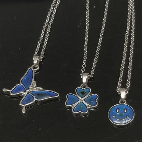 Color Changes To Temperature Enamel Butterfly Smiley Pendant Necklace Women Cute Girls Clover Choker Female Party Gift
