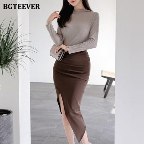 BGTEEVER Chic O-neck Patchwork Women Dress Elegant OL Style Spring Pencil Vestidos Full Sleeve Female Bodycon Dress 2021