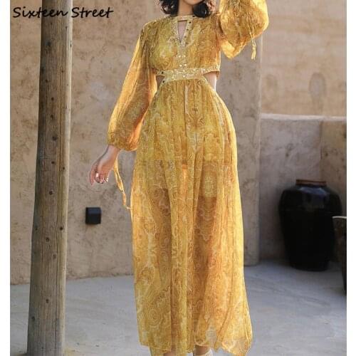 Bohemian Printed Yellow Long Dress Woman Desert Beach Vacation Party Dresses Female High Waist Sexy Dress Vestido Female