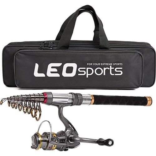 LEO Fishing Rod Reel Combo Carbon Telescopic Fishing Pole Spinning Reels with Fishing Carrier Bag for Travel Fishing