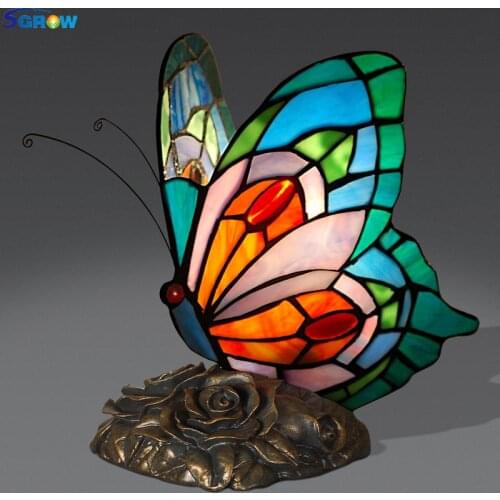 SGROW Art Deco Hand-made Glass Butterfly Lampshade Desk Lights for Bedroom Dining Room European Style Tiffany Table Lamp Fixture