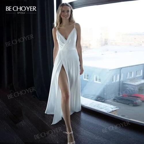 Wedding Dress Boho Sleeveless 2021 V-neck Split A-Line Court Train Bridal Gown Princess BECHOYER OB06 Plus Size Vestido De Noiva