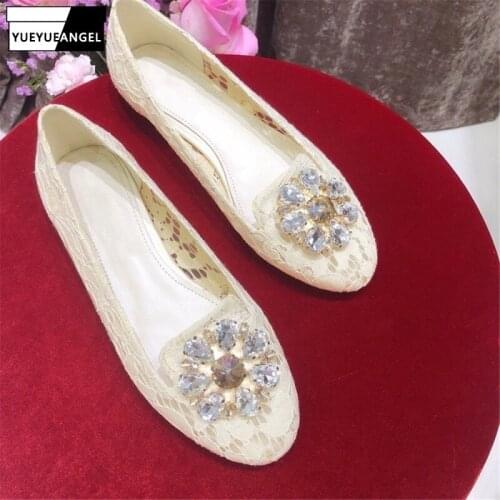 Crystal Lace Round Toe Flat Shoes Women Genuine Leather Flats Loafers Red Wedding Slip-Ons Shoes Female Breathable Casual Shoes
