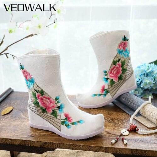 Veowalk Chinese Fan Embroidered Women Cotton Mid-Calf Boots Autumn Comfortable Ladies Casual Hidden Platform Shoes White