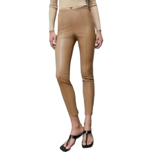 2020 Women Autumn Winter High Waist Khaki Faux Leather Pants Female Slim Fit Skinny PU Empare Pencil Legging Trousers Streetwear