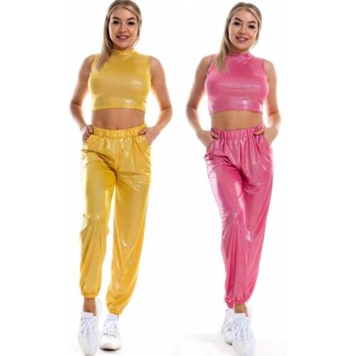 Women tracksuit pole dance rave clothes holographic clothes sexy two pieces set metallic crop tops jogger women rave outfit