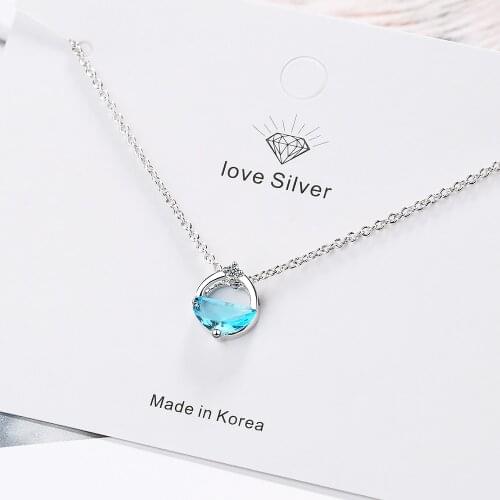 925 Sterling Silver Round Circle Blue Clear Zircon With Water Spring Shaped Pendant Necklace Jewelry For Women S-N383