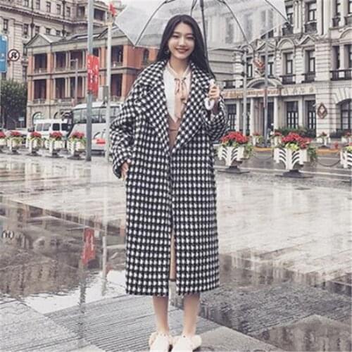 2021 Autumn Winter Fashion New Mid-Length Lapel Long Sleeve Loose Large Size Houndstooth Plaid Woolen Coat Women Trendy H255