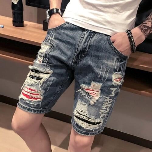 2021 Summer Ripped Hole Chic Denim Shorts Mens Tide Brand Trend Casual Straight Jenas Homme Youth Five-point Pants