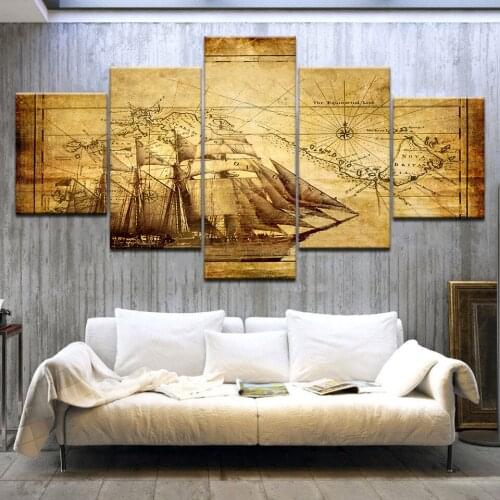 5 Panel/piece HD Print The boat map with sailing wall posters Canvas Art Painting For home living room decoration