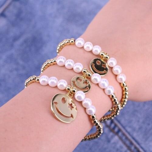 5PCS, Gold Smiley Happy Pearl Golden Bead Charm Bracelet for Women Minimalist Party Wedding Jewelry