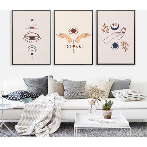 Abstract Mystic Hand Sun Moon Scene Boho Wall Canvas Prints Evil Eye Painting Wall Art Pictures Posters Living Room Home Decor