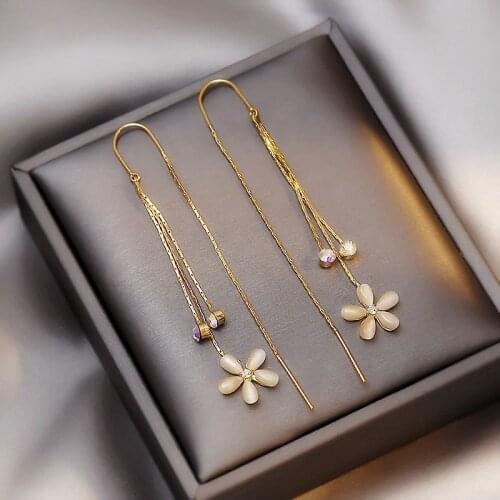 Elegant Opal Rhinestone Flower Tassel Dangle Hanging Long Drop Earrings for Women Korean 2021 New Trendy Ear Line Female Brinco