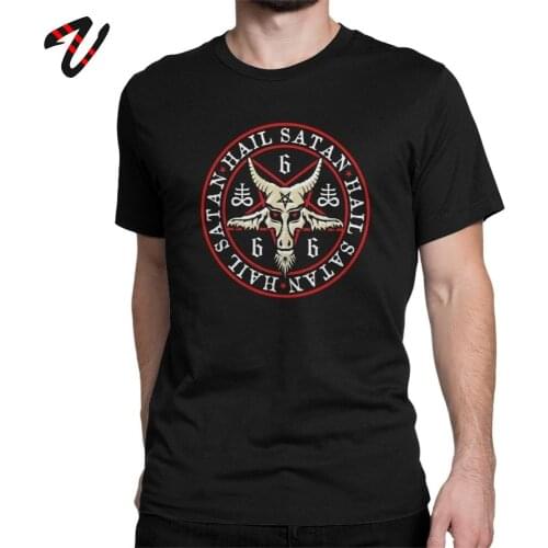 Men Tshirt Hail Satan Baphomet T Shirts Occult Pentagram 100% Cotton Male T-Shirt Crew Neck Tees Short Sleeve Clothing Plus Size