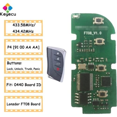 KEYECU Lonsdor FT08 433.58MHz/434.42MHz P4 [91 00 AA AA] Smart Remote Key PCB Board for Lexus 0440 Lock Unlock Trunk Panic Board