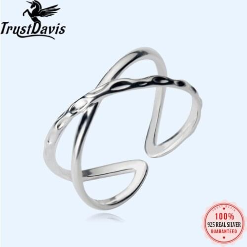 Trusta 100% 925 Real Sterling Silver Double Line Opening Rings Elegant Cross Ring Jewelry For Anniversary Adjustable DS798