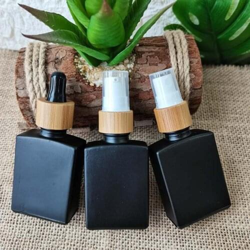 Printing logo 30ml Square Glass Spray Bottle With Bamboo Perfume Lid Essential Oil Bottles Massage Oil Pipette Bottle Refillable