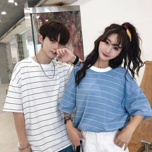 2021 Summer Stripe Short Sleeve Tee Student Class Dress Couple Top couples clothes couples clothing