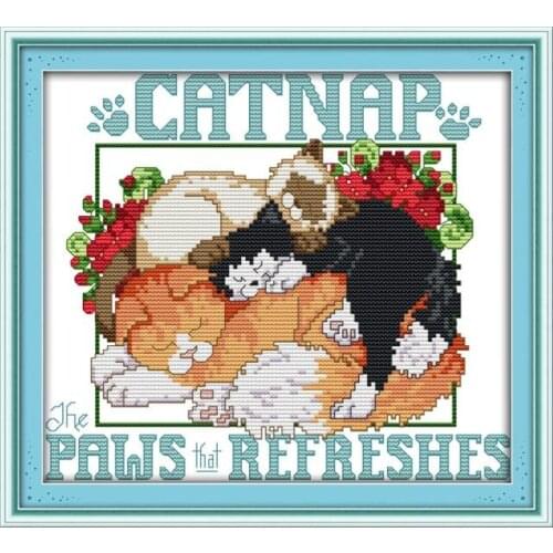 Sleeping cat cross stitch kit cartoon 11ct count canvas stitches embroidery DIY handmade needlework plus
