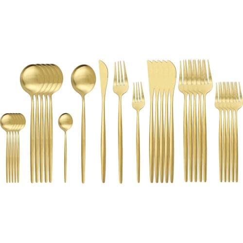 30Pcs Matte Gold Tableware Set Stainless Steel Dinnerware Set Kitchen Flatware Set Knife Spoon Dessert Fork Dinner Cutlery Set
