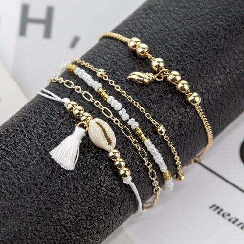 5PCs Gold Natural Shell Bracelets Set Pineapple Charm Love Letter Boho Bracelets for Women Bangles Bohemia Wrist Jewelry