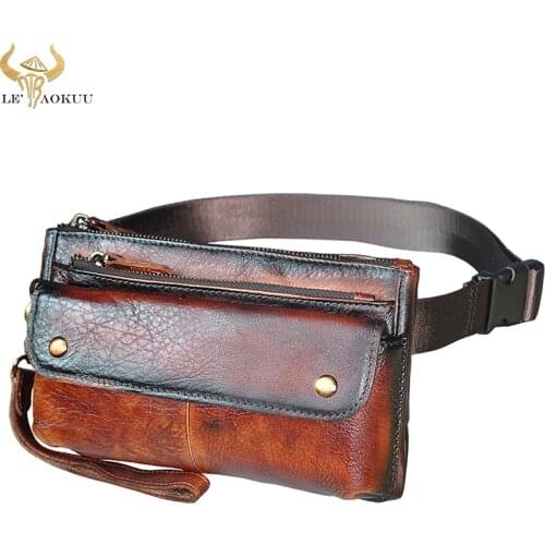 Natural Leather Wine Cross-body Sling Chest Bag Design Casual Travel Cigarette 7" Phone Case Fanny Waist Belt Bag Pack 8136