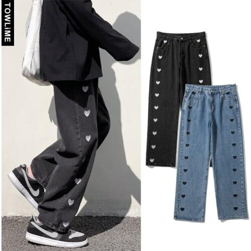 New Fashion Men Women Baggy Jeans Pants Hart Printed Wide Leg Jean Trousers Punk Trouser Casual Korean Style Harajuku Joggers